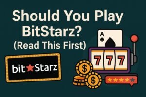 Feature image showing BitStarz Casino review headline with slot machine graphics, coins, and BitStarz logo to highlight user experience and ratings.