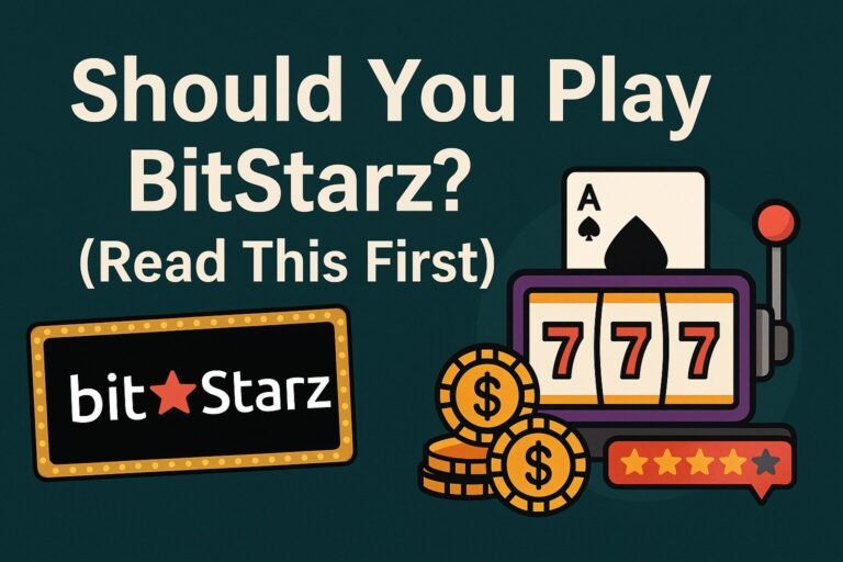 Feature image showing BitStarz Casino review headline with slot machine graphics, coins, and BitStarz logo to highlight user experience and ratings.