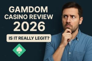 Man looking suspicious beside Gamdom Casino Review 2026 text asking if the casino is legit, with dark background and Gamdom icon.