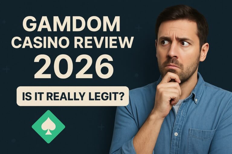 Man looking suspicious beside Gamdom Casino Review 2026 text asking if the casino is legit, with dark background and Gamdom icon.