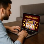A man sitting at a table playing an online slot game on his laptop, showing a casino interface with bright symbols.