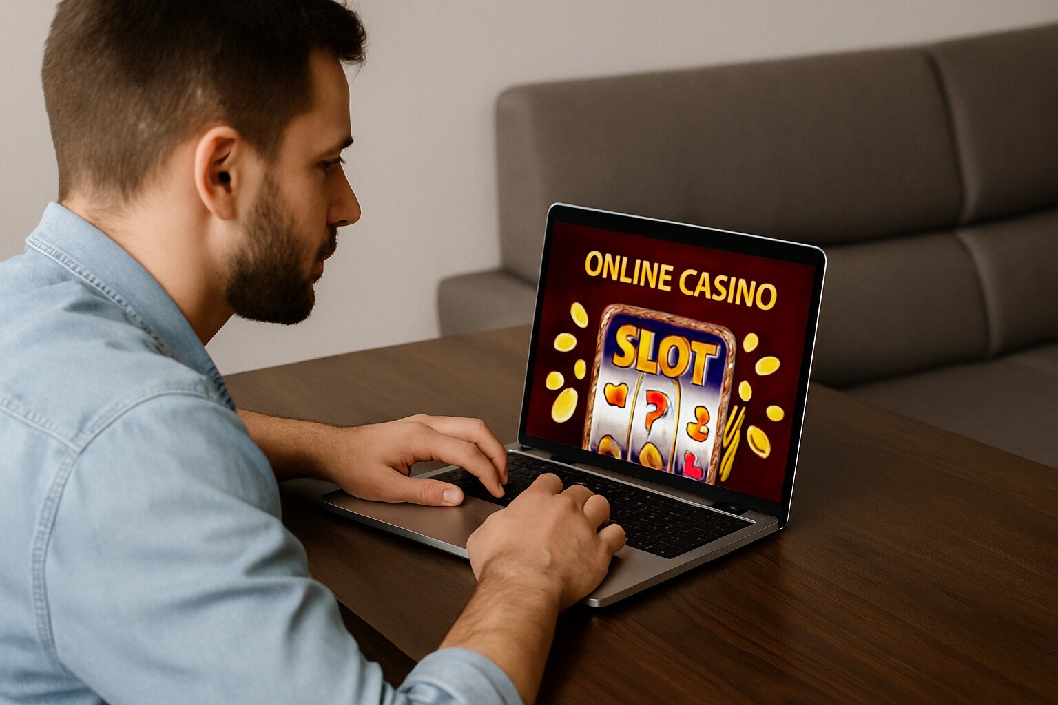A man sitting at a table playing an online slot game on his laptop, showing a casino interface with bright symbols.