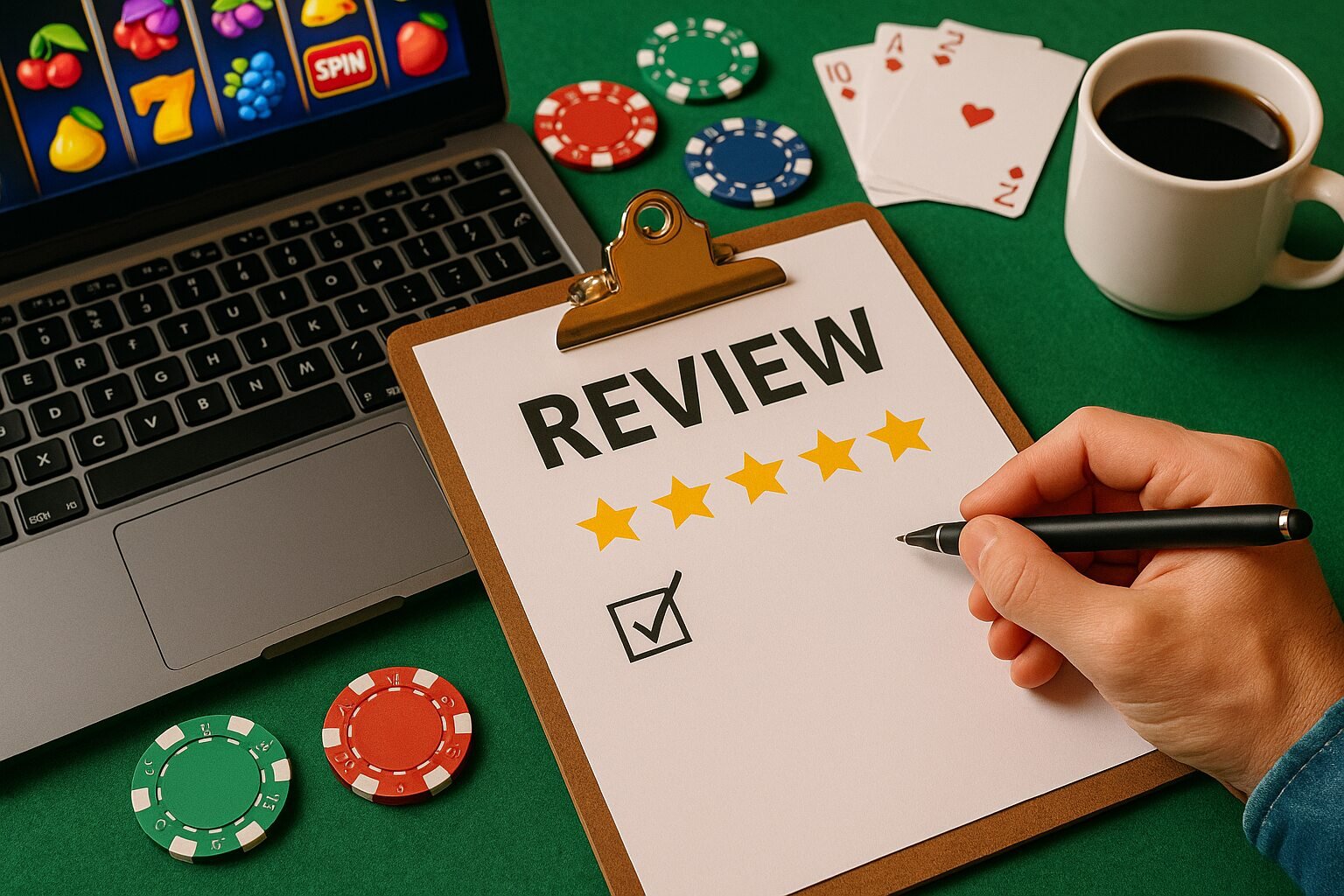 A clipboard showing a five-star review next to poker chips, playing cards, and a laptop displaying a slot game.