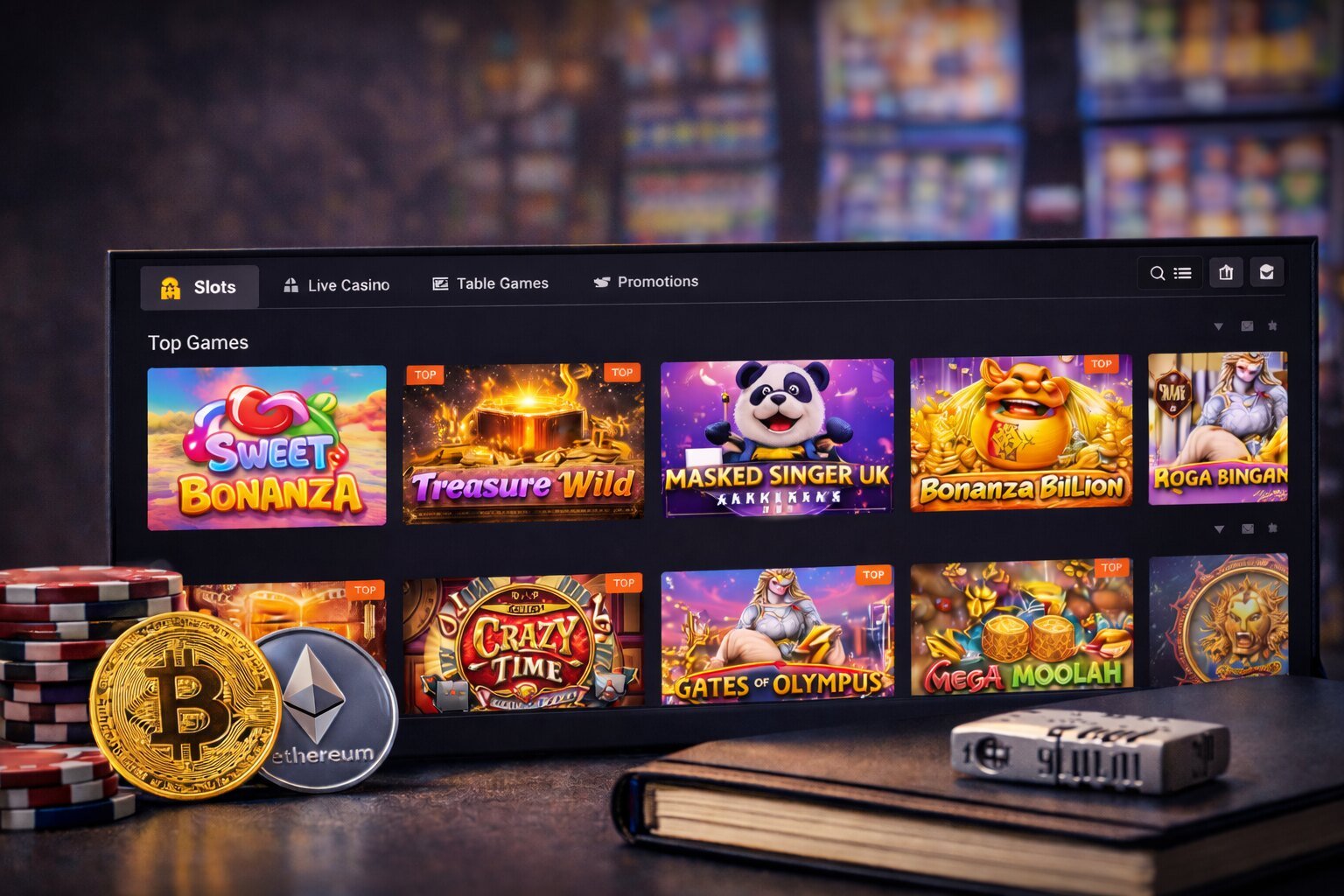Bitcasino.io games library showing popular slot titles, live casino games, and crypto gambling