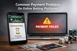 Online betting app showing a pending withdrawal and payment failed message on a laptop screen