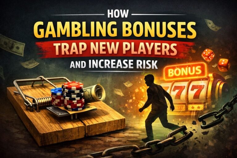Gambling bonus visual showing free money as a trap that increases risk for new players