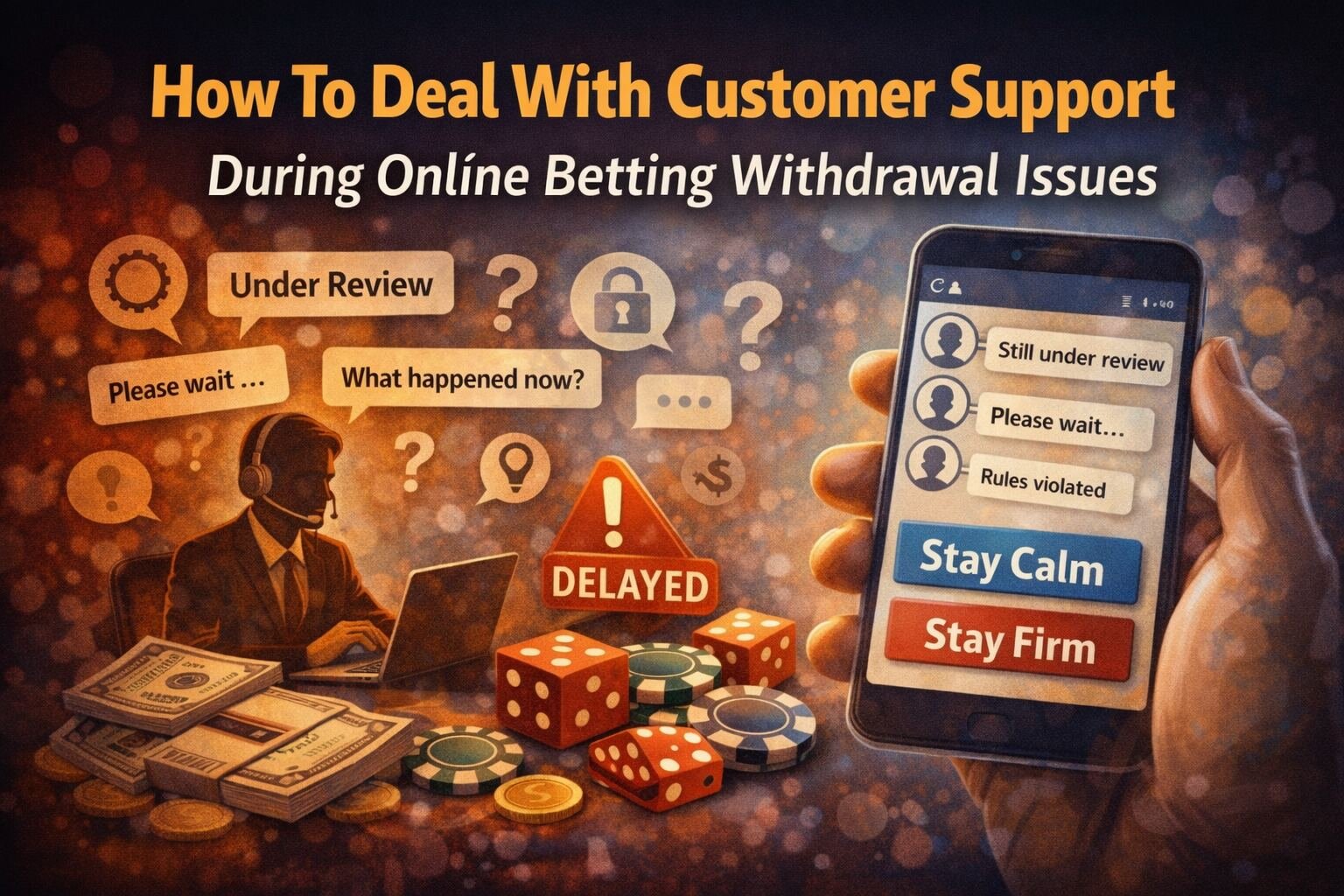 Online betting player communicating with customer support to resolve a delayed withdrawal issue calmly and clearly