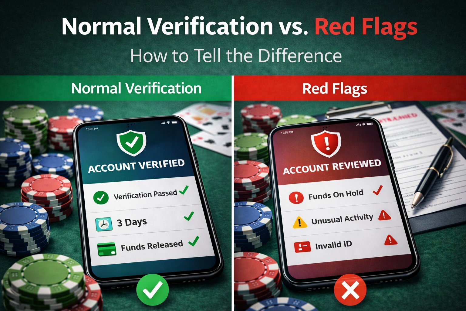 Comparison showing normal betting account verification versus red flags during withdrawal checks