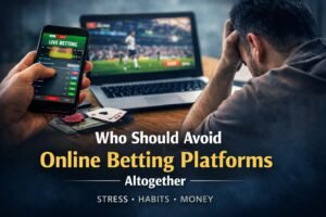 Person looking stressed while using an online betting app during a live sports match, highlighting how betting can affect habits, money, and mental focus