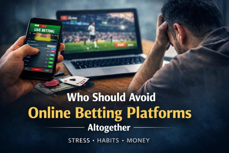 Person looking stressed while using an online betting app during a live sports match, highlighting how betting can affect habits, money, and mental focus
