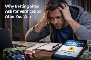 Illustration showing normal betting site verification versus red flags after winning and requesting a withdrawal