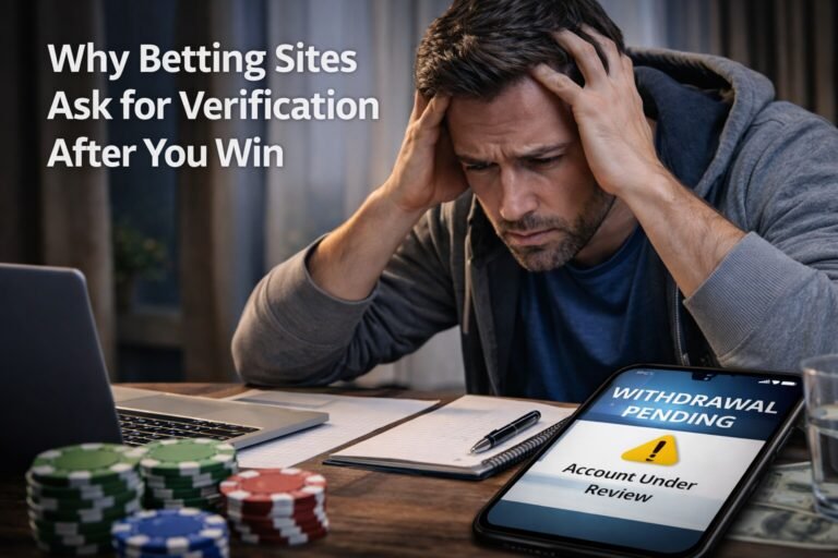 Illustration showing normal betting site verification versus red flags after winning and requesting a withdrawal