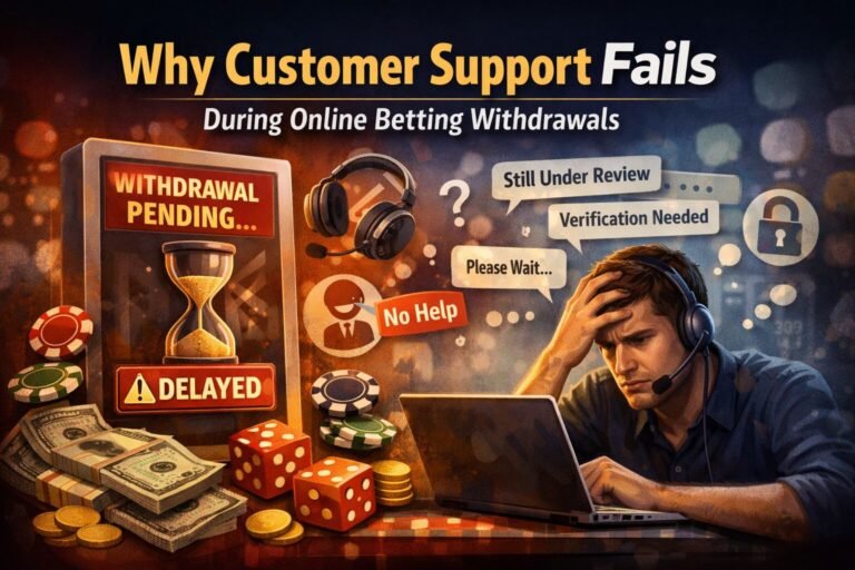 Online betting customer support illustration showing a rules violated notice with no explanation during a withdrawal review