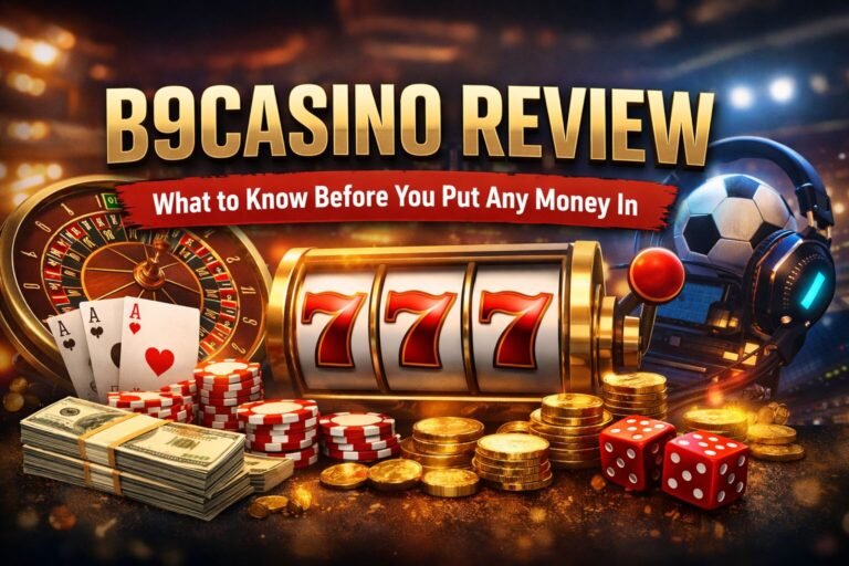 Featured image for a B9Casino review, showing slots, cards, roulette, and casino visuals representing online gambling risks and decision-making.