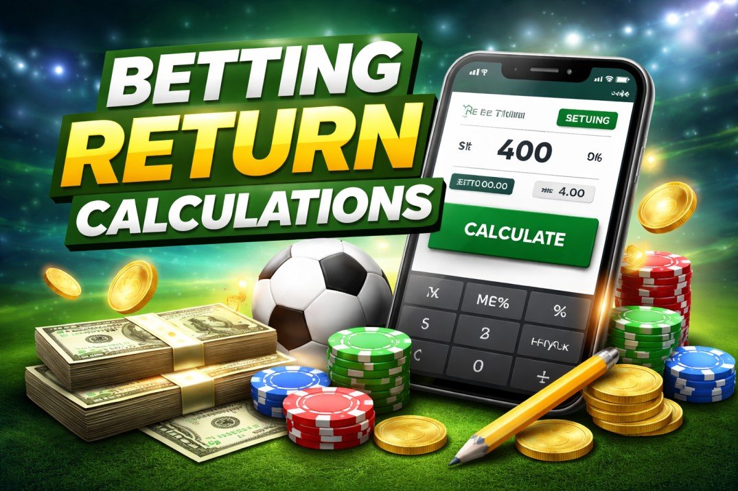 Betting return calculations shown on mobile screen with stake, odds, cash, chips and sports betting elements