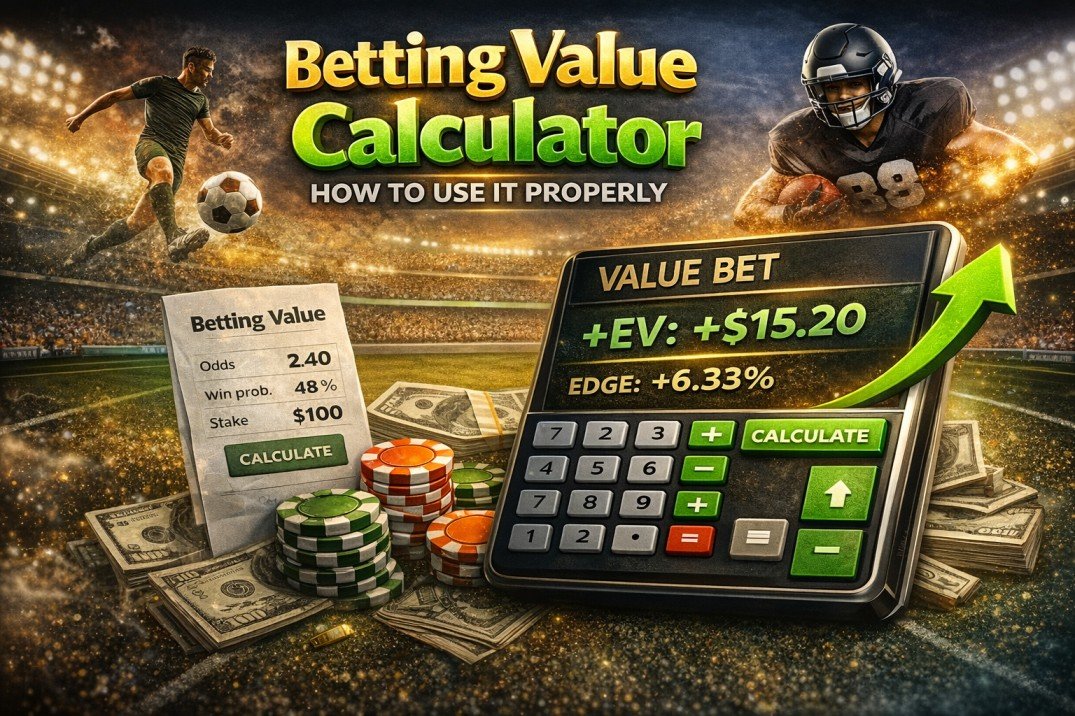 Betting value calculator showing odds, estimated probability, edge percentage and positive expected value calculation