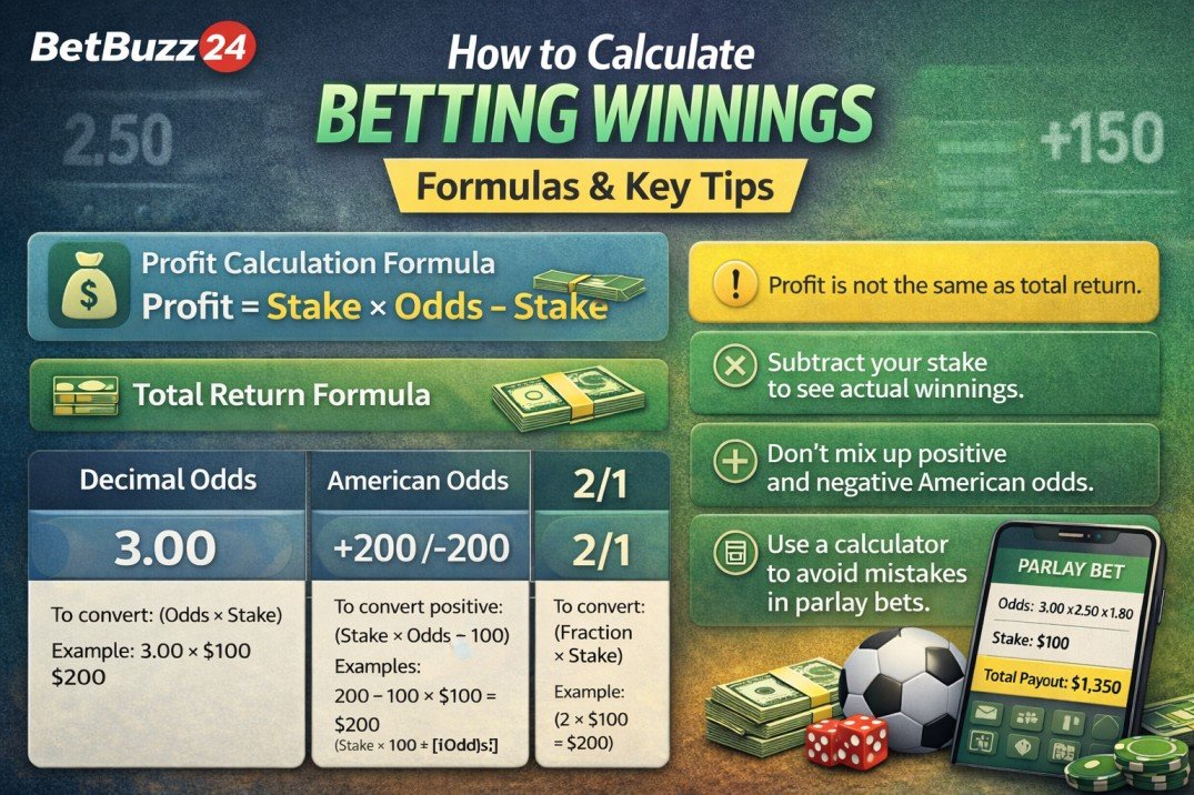 Betting winnings formula infographic showing profit calculation, total return formula and decimal, American and fractional odds examples