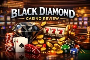 Black Diamond Casino review featuring casino chips, slot machine, playing cards, and a black diamond symbol representing online casino gameplay