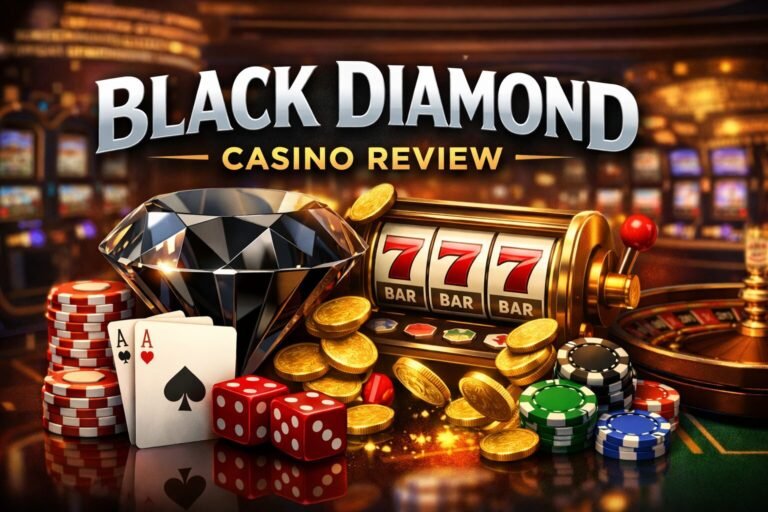 Black Diamond Casino review featuring casino chips, slot machine, playing cards, and a black diamond symbol representing online casino gameplay
