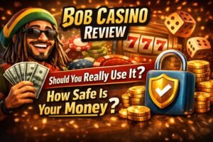 Bob Casino review feature image showing casino games, money, and security symbols highlighting player safety and trust concerns