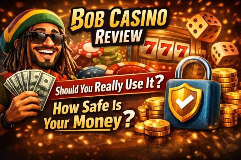 Bob Casino review feature image showing casino games, money, and security symbols highlighting player safety and trust concerns