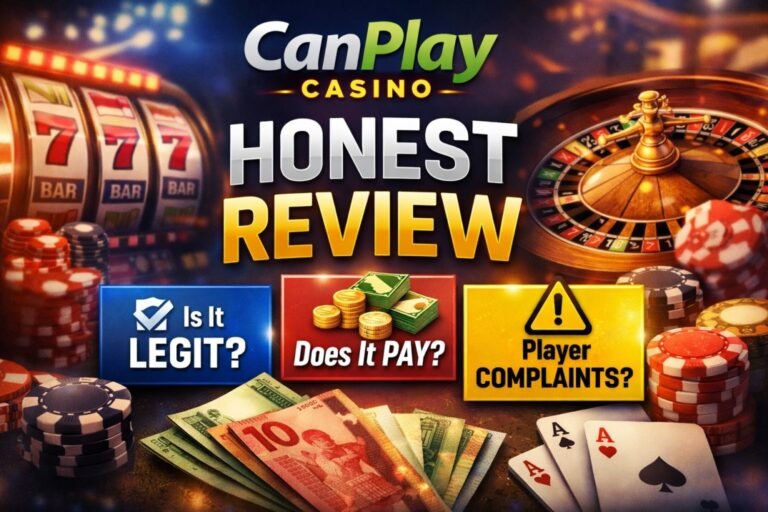 Feature image for CanPlay Casino review showing slot machine, roulette table, and questions about legitimacy, payouts, and player complaints.