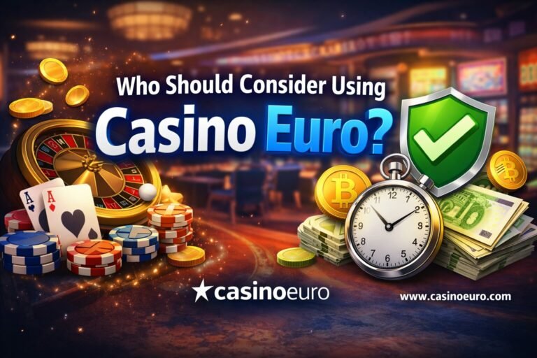 Casino Euro review banner showing casino games, withdrawal clock, and security shield representing safety, payments, and licensing information