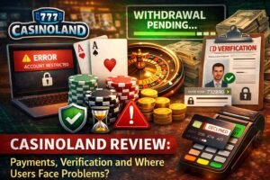 Casinoland review image showing withdrawal pending status, ID verification process and payment declined message highlighting common user problems