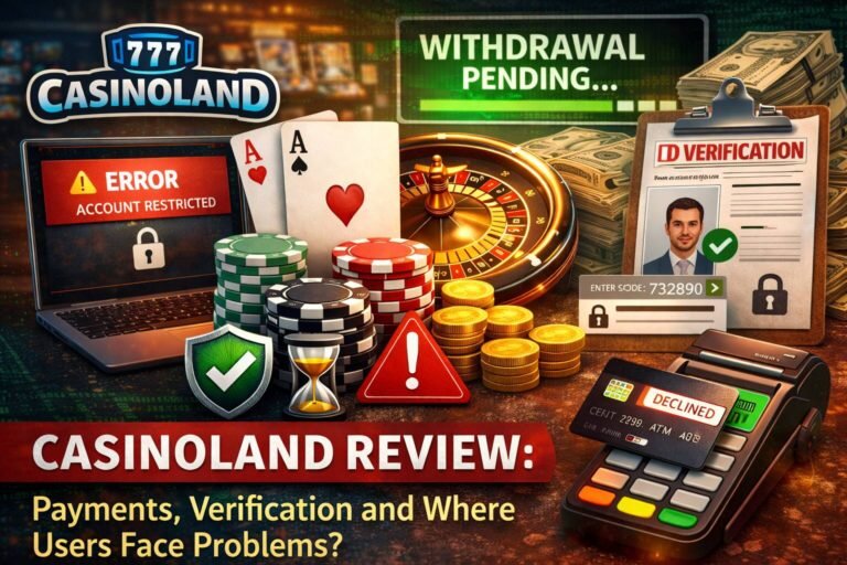 Casinoland review image showing withdrawal pending status, ID verification process and payment declined message highlighting common user problems