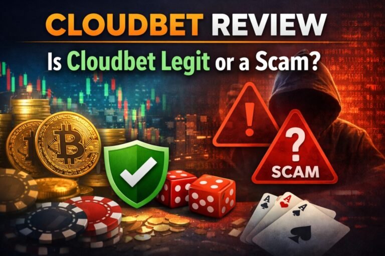 Cloudbet review feature image showing Bitcoin, casino chips, security shield and scam warning highlighting Cloudbet legitimacy and safety concerns.