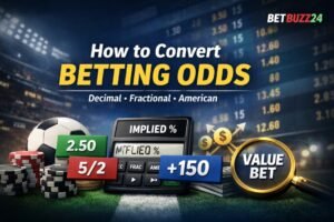 Betting odds conversion example showing 2.50 decimal, 5/2 fractional and +150 American with implied probability calculator