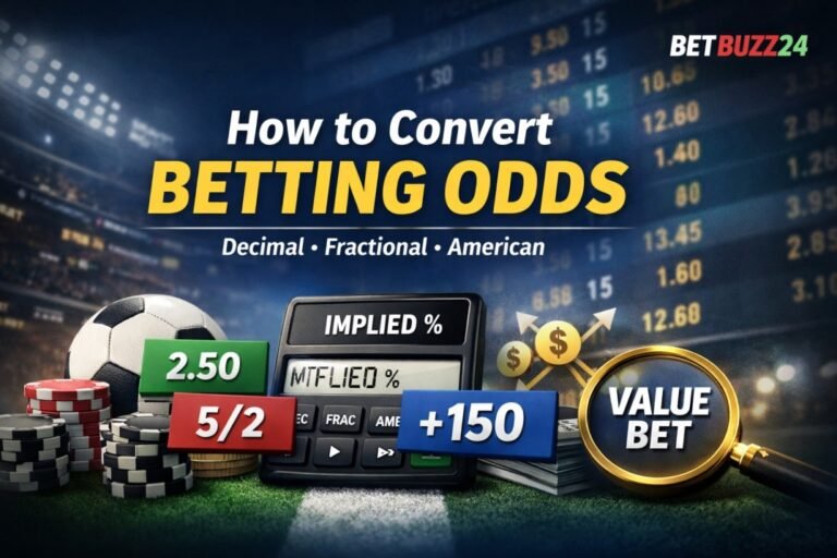 Betting odds conversion example showing 2.50 decimal, 5/2 fractional and +150 American with implied probability calculator