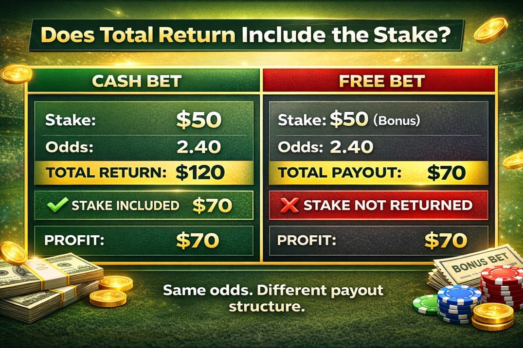 Cash bet vs free bet payout comparison showing stake included and stake not returned in sports betting