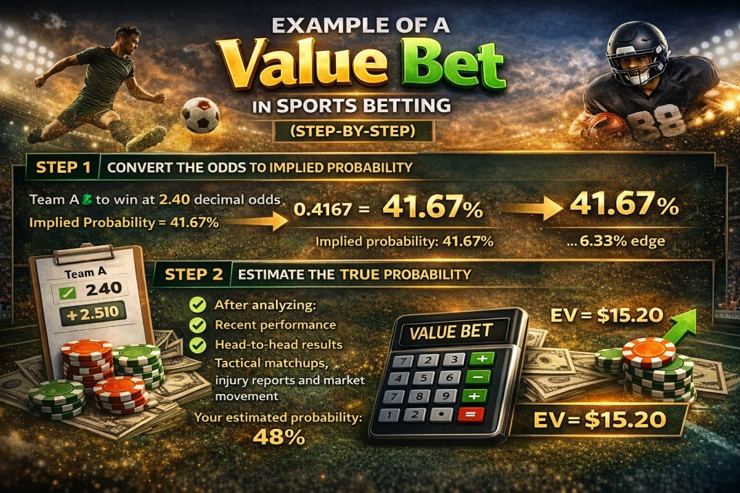 Example of a value bet in sports betting step by step showing implied probability, true probability and positive expected value calculation