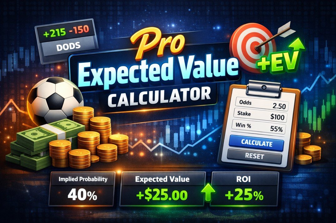 Expected Value Calculator 1 Pro expected value calculator for sports betting showing +EV result, ROI percentage, and betting odds calculation interface