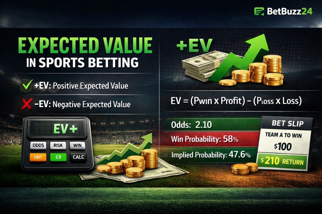 Expected value in sports betting infographic showing +EV and -EV example with odds, win probability, and EV formula