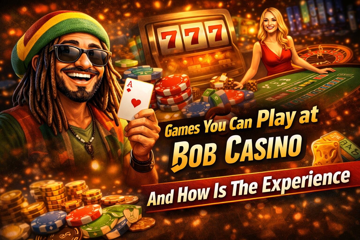 Illustration showing slot machines, table games, and live dealer gameplay representing the types of games available at Bob Casino