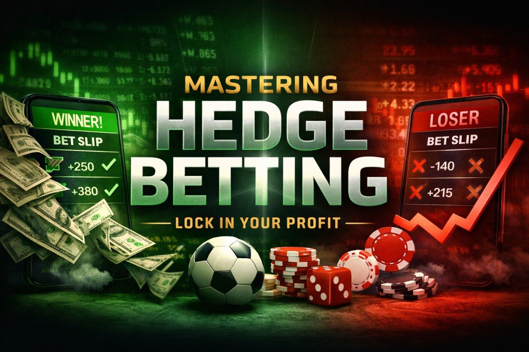 Hedge betting explained graphic showing lock in profit strategy with winning and losing bet slips