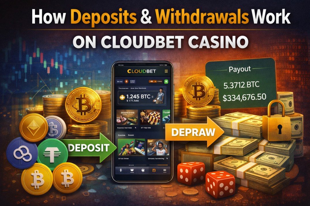 Infographic showing how deposits and withdrawals work on Cloudbet casino using Bitcoin and cryptocurrency payments with payout process illustration.