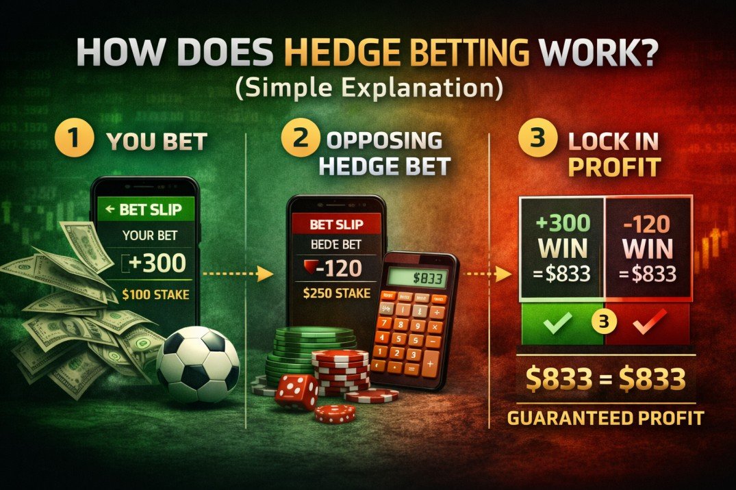 What Is Hedge Betting? How to Lock in Profit Step-by-Step 2 Horizontal infographic explaining how hedge betting works with step-by-step example and profit comparison