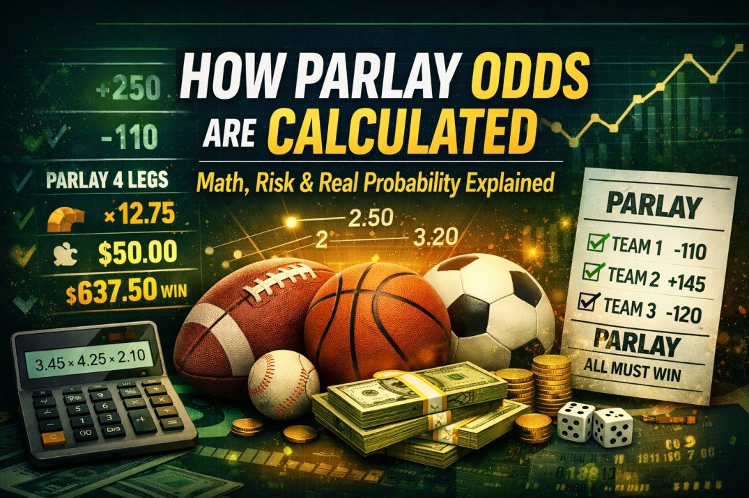 How parlay odds are calculated with example bet slip, decimal multiplication, payout math, and sports betting calculator illustration