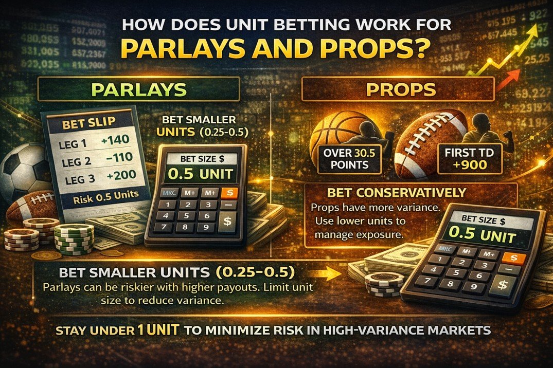 How unit betting works for parlays and prop bets infographic showing risk comparison and bet sizing example
