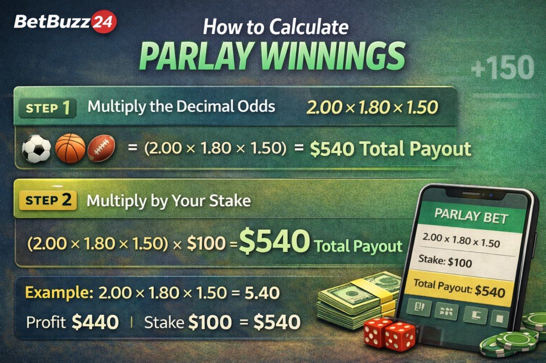 Parlay winnings infographic showing how to calculate total payout and profit by multiplying decimal odds and stake