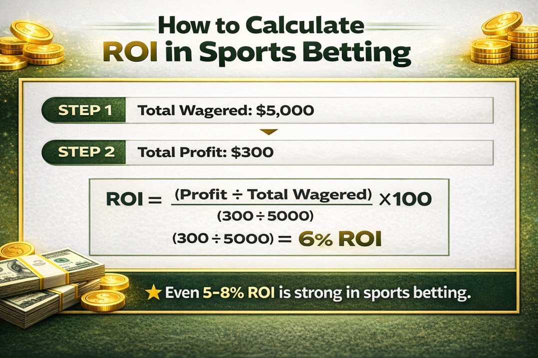 How to calculate ROI in sports betting with formula and example showing profit divided by total wagered equals 6 percent ROI