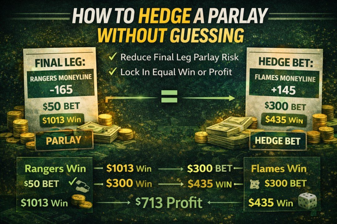 Infographic explaining how to hedge a parlay, showing final leg hedge calculation, risk reduction, and guaranteed profit example