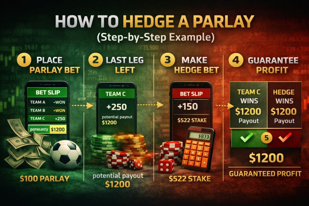What Is Hedge Betting? How to Lock in Profit Step-by-Step 3 Horizontal infographic showing how to hedge the last leg of a parlay with calculation and guaranteed profit example