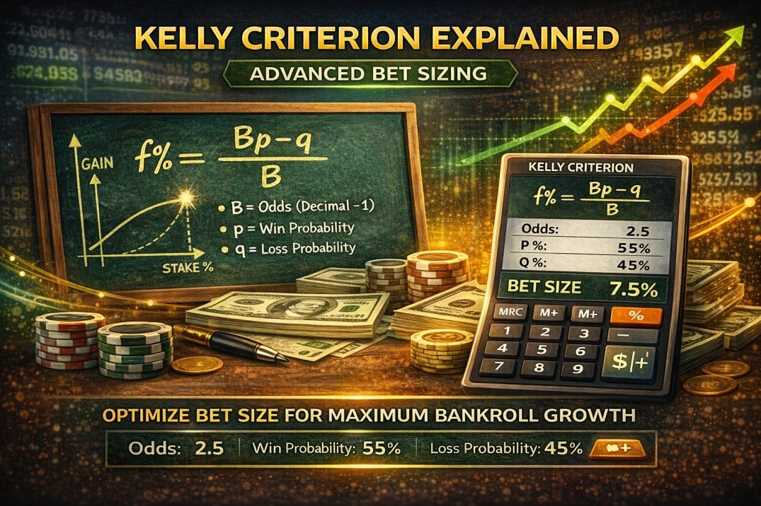 Kelly Criterion formula infographic showing advanced bet sizing calculation for sports betting