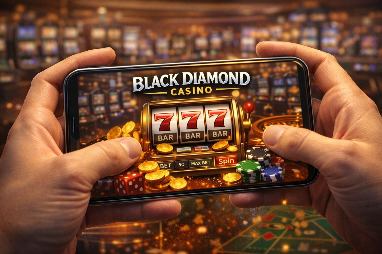 Player using a mobile device to play slot games at Black Diamond Casino, showing the mobile casino interface and gameplay experience