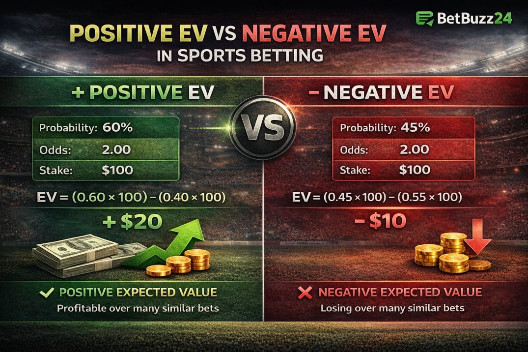 Positive EV vs Negative EV comparison infographic in sports betting showing probability, odds, stake, and expected value calculation examples
