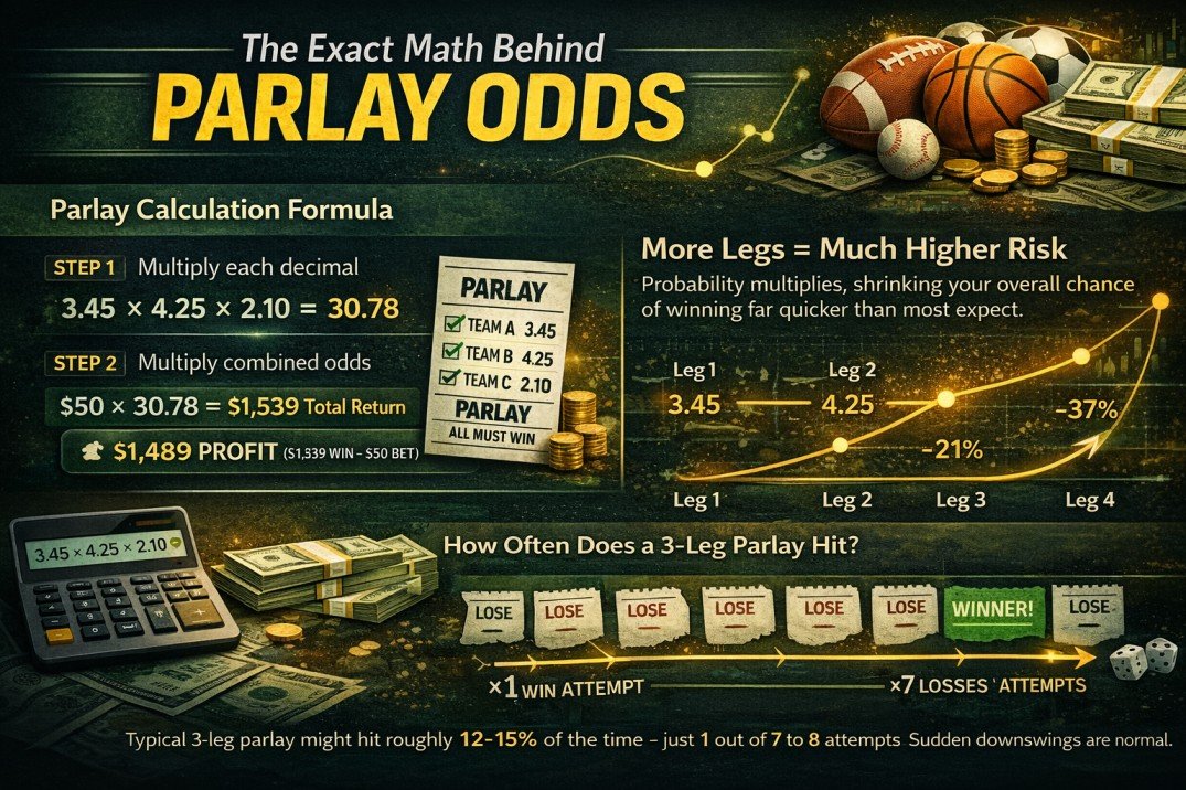 Infographic explaining how parlay odds are calculated using decimal multiplication, compounded probability, and example payout breakdown